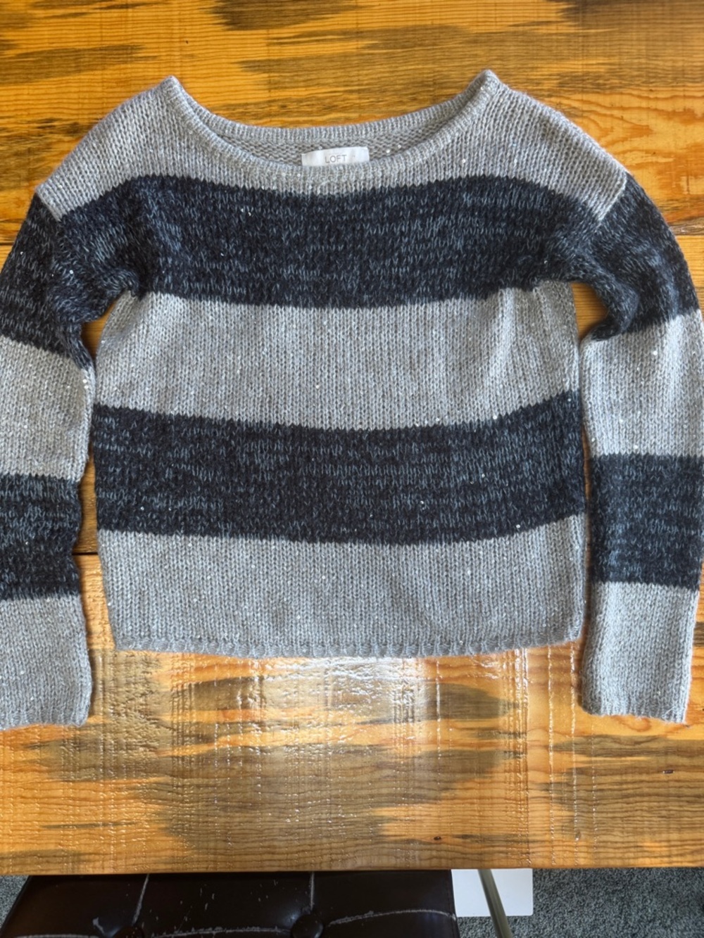 LOFT Gray and Black Wide-Strip Crewneck Sweater